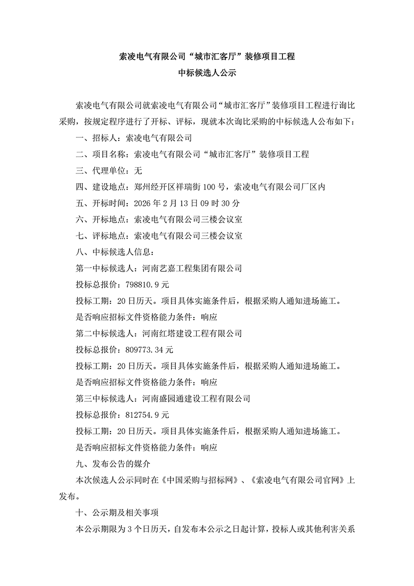 天博注册-天博（中国）
“城市汇客厅”装修项目工程 中标候选人公示